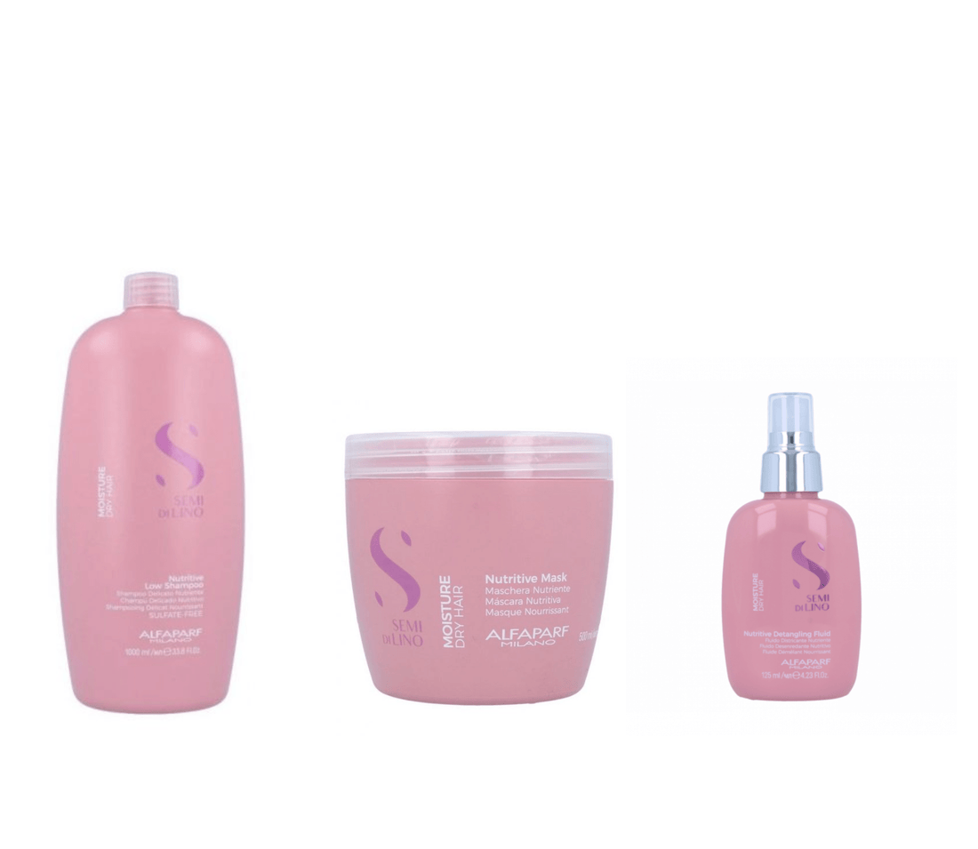 Kit Alfaparf Moisture Nutritive Low Champu 1000, Nutritive Mascarilla 500ml y Detangler Fluid 125ml