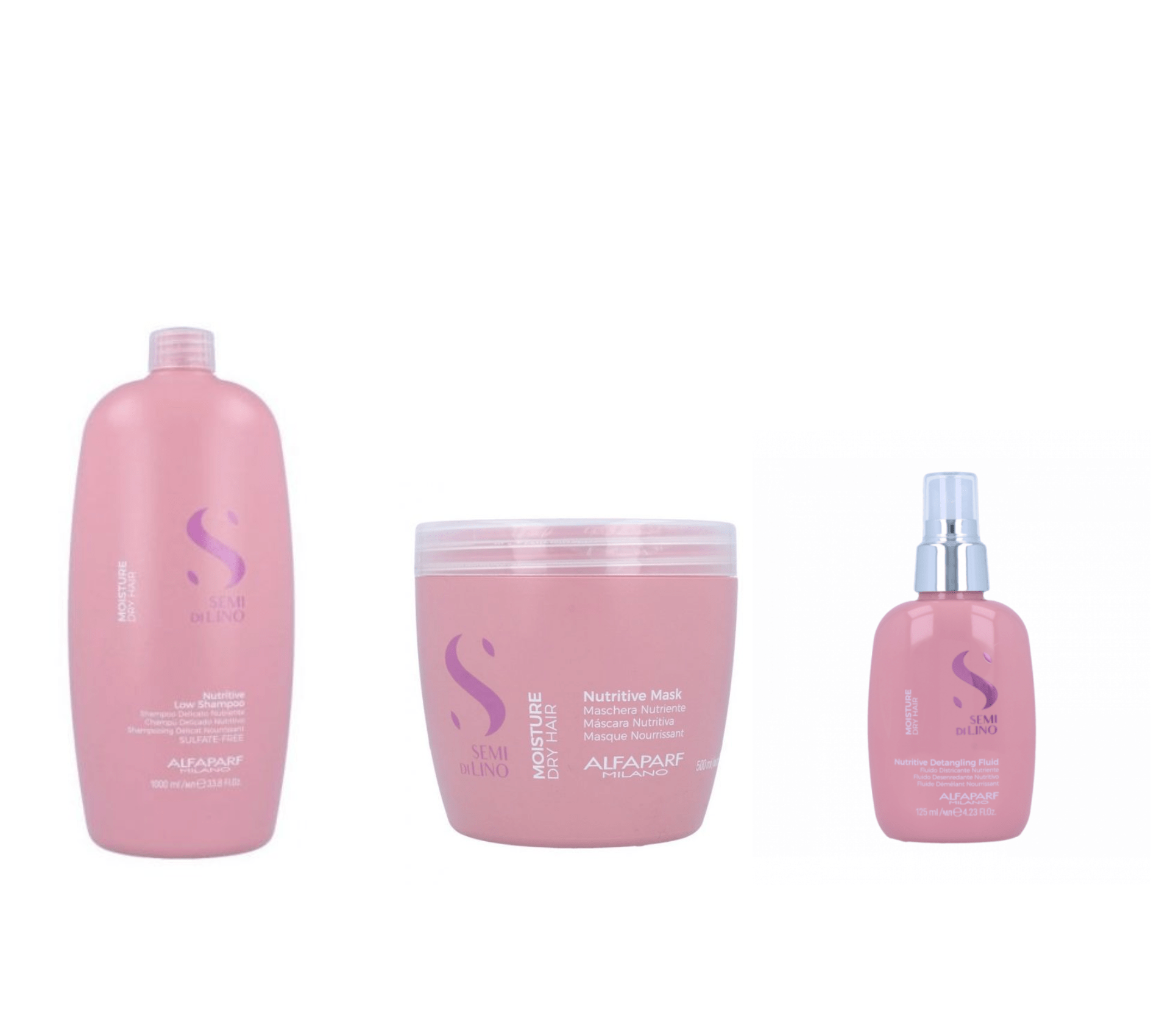 Kit Alfaparf Moisture Nutritive Low Champu 1000, Nutritive Mascarilla 500ml y Detangler Fluid 125ml