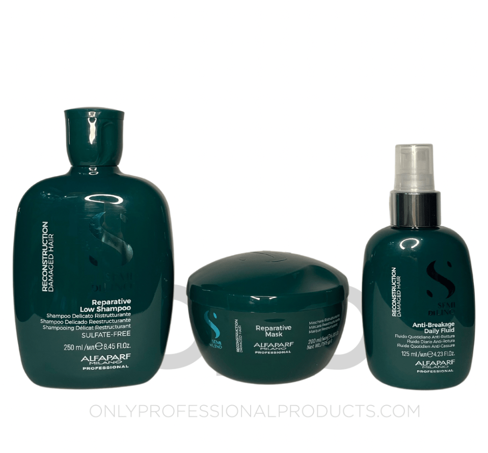 Kit Alfaparf Champú Delicado Reestructurante Semi Di Lino 250ml, Mascarilla Reestructurante 200ml y Fluido Diario Anti Rotura125ml