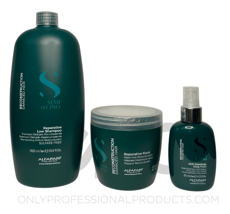 Kit Alfaparf Champú Delicado Reestructurante Semi Di Lino 1000ml, Mascarilla Reestructurante 500ml y Fluido Diario Anti Rotura125ml